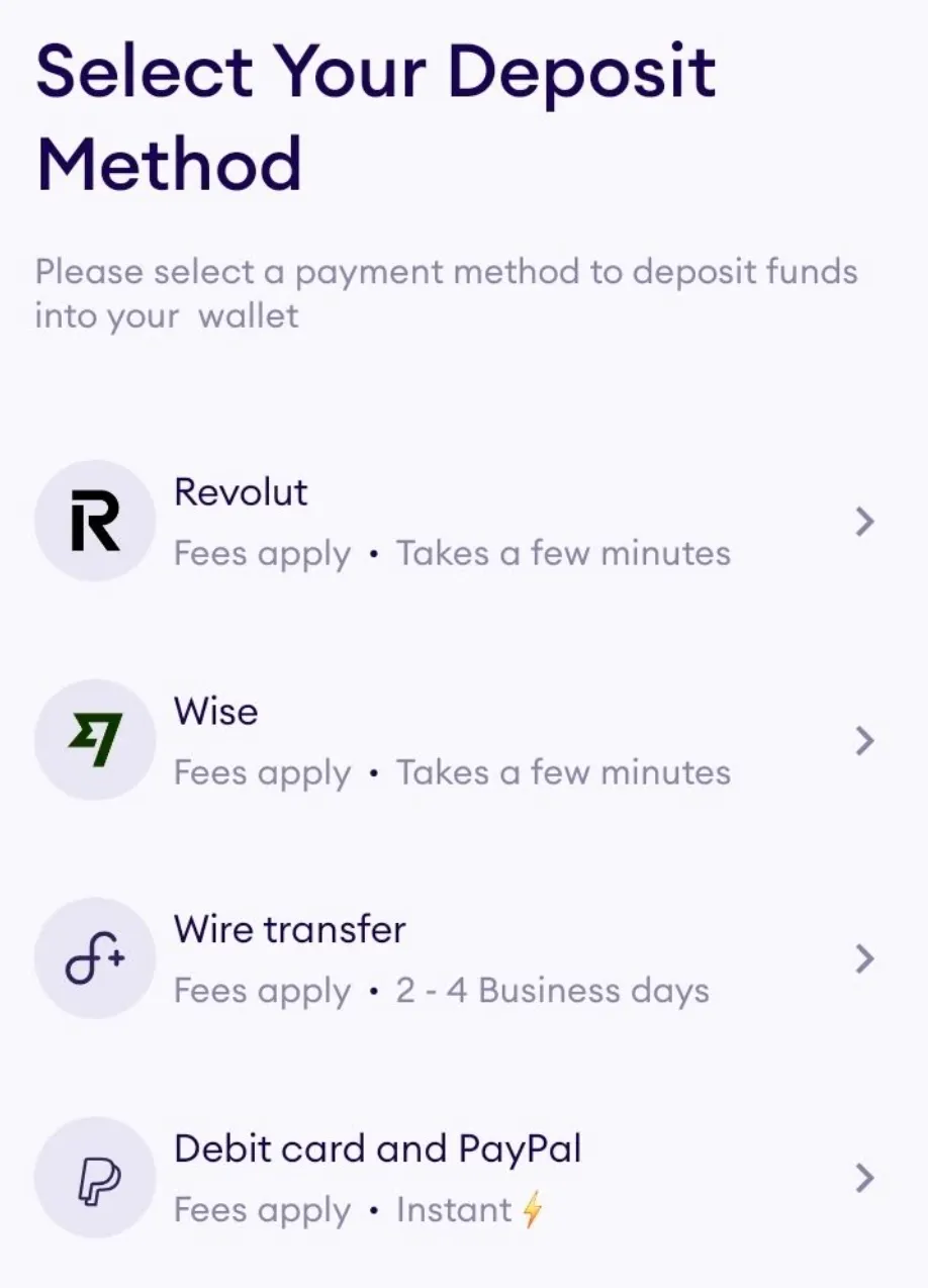 Daba Finance deposit-method selection screen