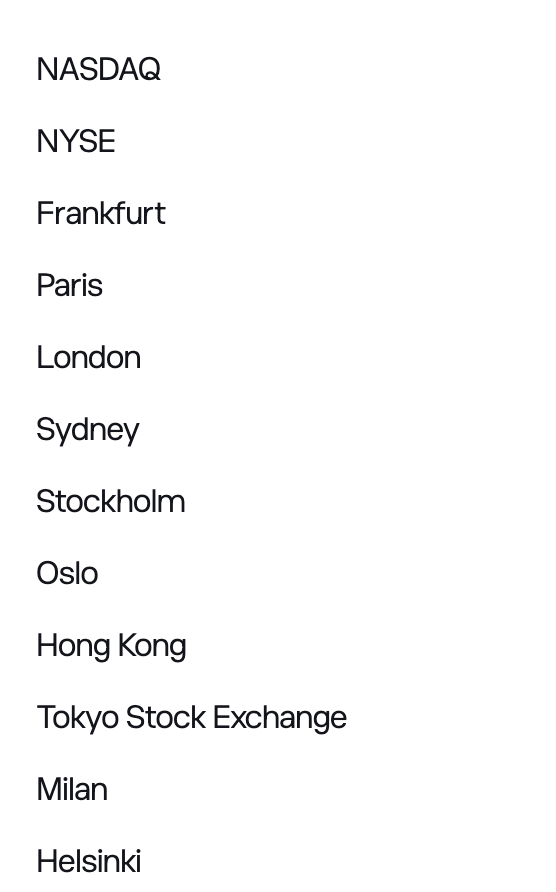 eToro's visible stock-exchange list — NASDAQ, NYSE, Frankfurt, Paris, London, Sydney, Stockholm, Oslo, Hong Kong, Tokyo, Milan, Helsinki