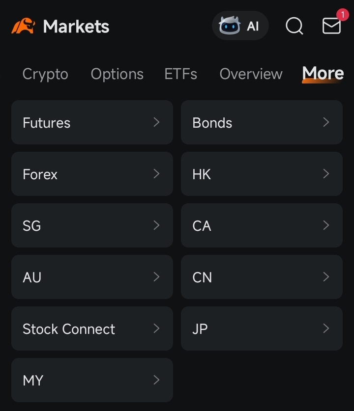 moomoo in-app Markets list showing HK, SG, CA, AU, CN, JP and MY tiles plus Stock Connect, Futures, Bonds and Forex