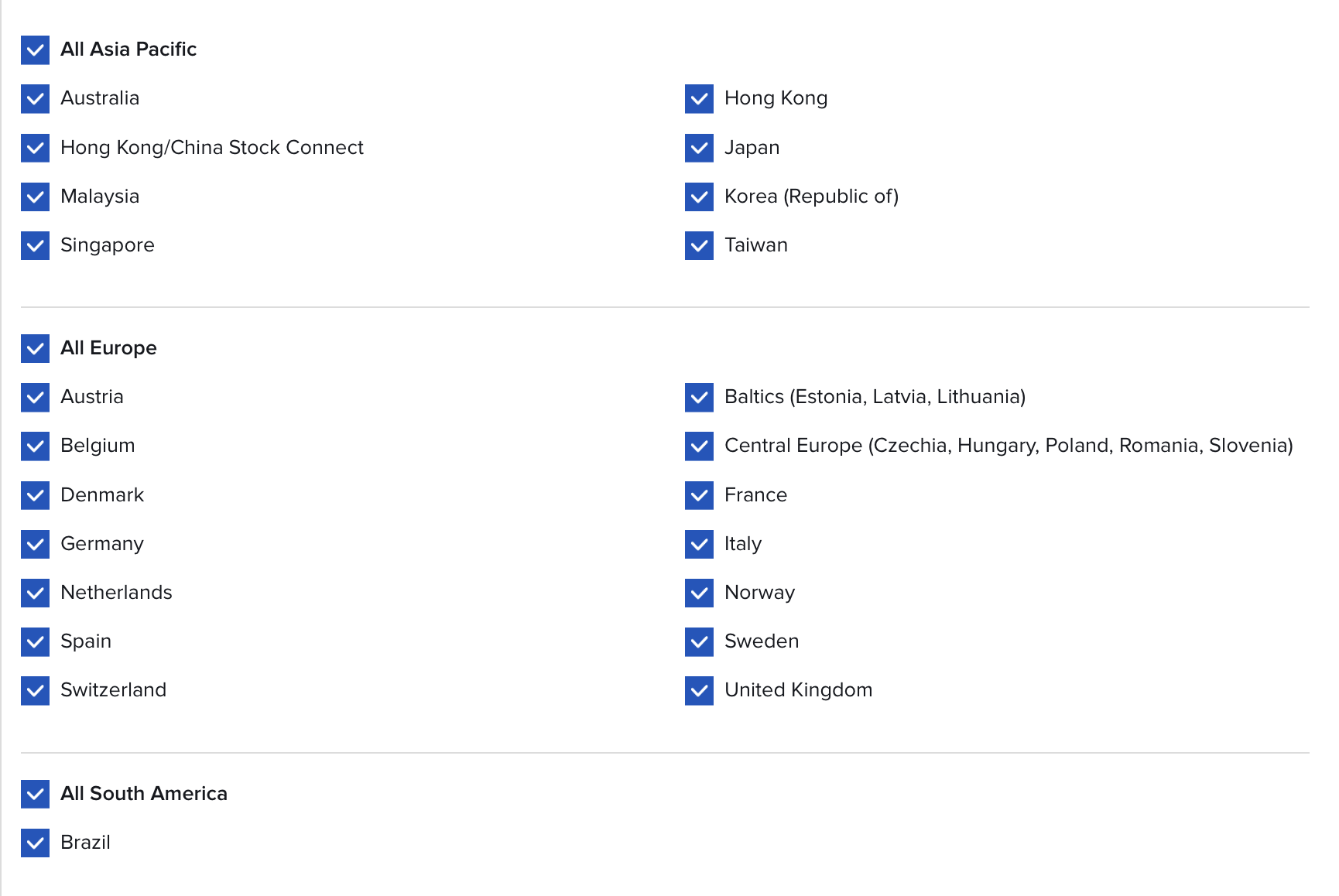 IBKR trading-permission list (1 of 2) — Asia Pacific (Australia, Hong Kong, Hong Kong/China Stock Connect, Japan, Malaysia, Korea, Singapore, Taiwan), Europe (incl. Baltics and Central Europe bundles), and Brazil