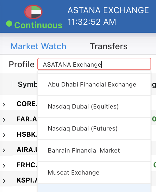 International Securities trading app showing the Astana Exchange (AIX) order book — Kazakh names HSBK (Halyk), KSPI (Kaspi.kz), FRHC (Freedom Holding) and AIRA (Air Astana) — with the market selector listing Abu Dhabi, Nasdaq Dubai (equities and futures), Bahrain Financial Market and Muscat Exchange