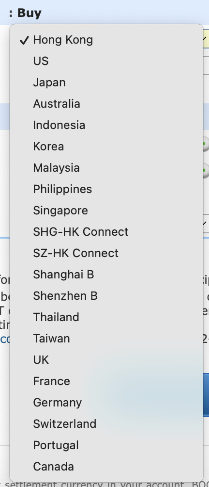 Boom Securities in-app market selector — Hong Kong, US, Japan, Australia, Indonesia, Korea, Malaysia, Philippines, Singapore, China Connect & B-shares, Thailand, Taiwan, UK, France, Germany, Switzerland, Portugal, Canada