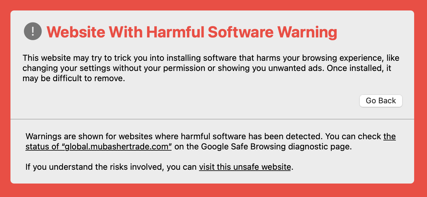 Browser Google Safe Browsing warning — 'Website With Harmful Software Warning' — shown when visiting global.mubashertrade.com