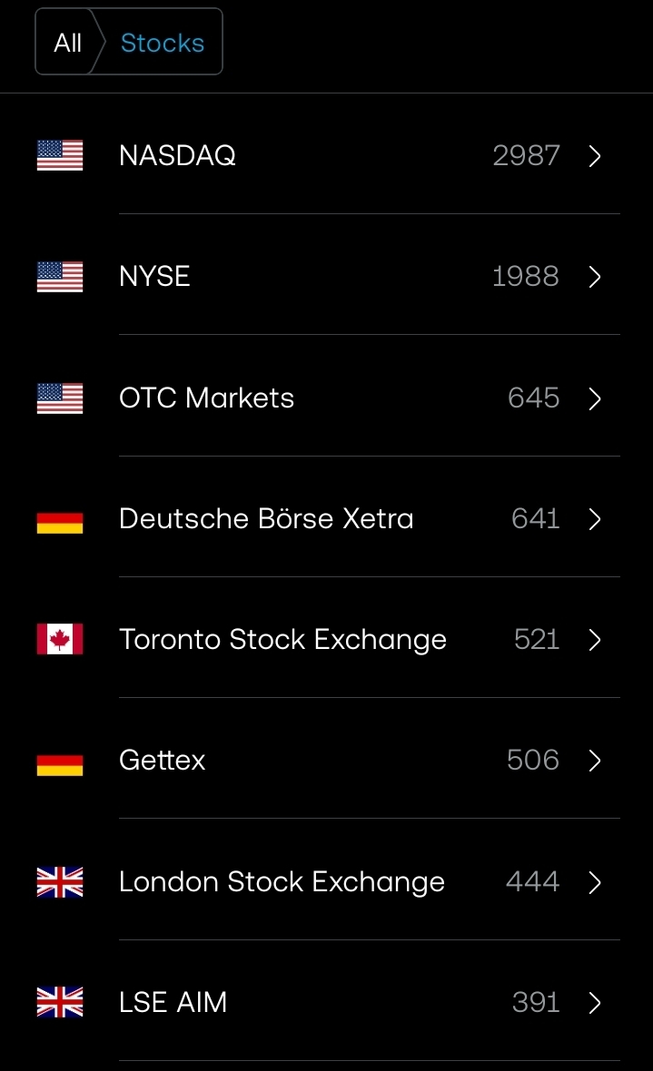 Trading 212 in-app stock-exchange list (1 of 2) — Nasdaq, NYSE, OTC Markets, Deutsche Börse Xetra, Toronto Stock Exchange, Gettex, London Stock Exchange, LSE AIM with instrument counts