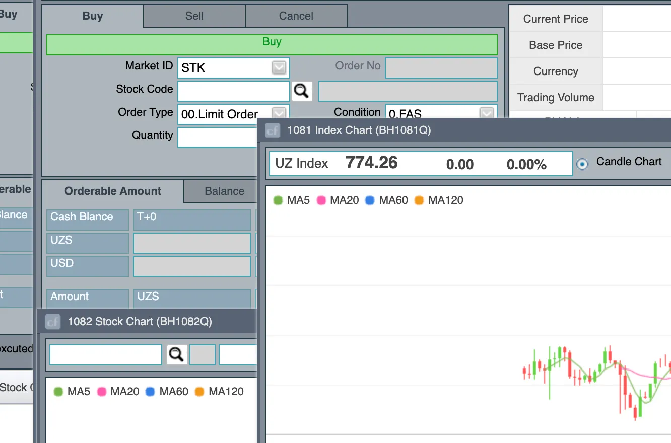The fondbozori.uz trading terminal — buy/sell order entry, balances, and candlestick charts